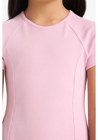 DeFacto Kız Çocuk Bisiklet Yaka A Kesim Basic Düz Fitilli Kaşkorse Kısa Kollu Yazlık Elbise E5801A825SMPR66