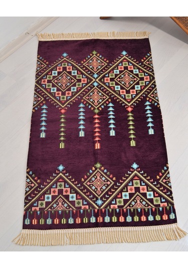 Çeyizlik Hediyelik Seccade Eşarp Tesbih Set Kilim Desenli Kadife Astarlı Seccade, Eşarp, Kristal Tesbih Özel Kutulu Lüks Hediye Seti Mor