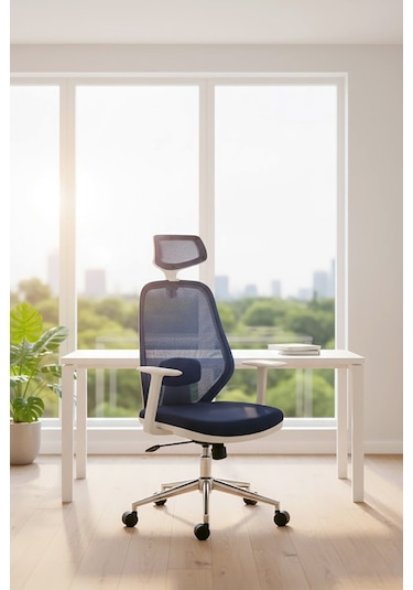 Ofisbazaar Dali Beyaz Fileli Yönetici Koltuğu Ergonomik Başlıklı Ofis Koltuğu Lacivert Lacivert