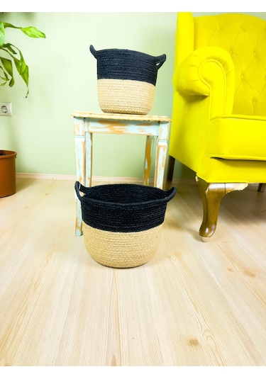 Bitki Tasarımı Düzenleyici Kulplu Üstü Siyah Şeritli Doğal Örgü Sepet İkili Set Orta-küçük