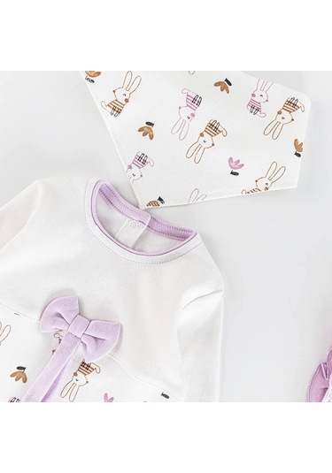 Tavşan Detaylı Fiyonklu 5 Parça %100 Pamuk Kız Bebek Hastane Çıkışı Lila