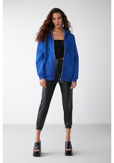 Alena Kadın Basic Kanguru Cepli Oversize Organik Pamuk Fermuarlı Kapüşonlu Saks Mavi Sweatshirt