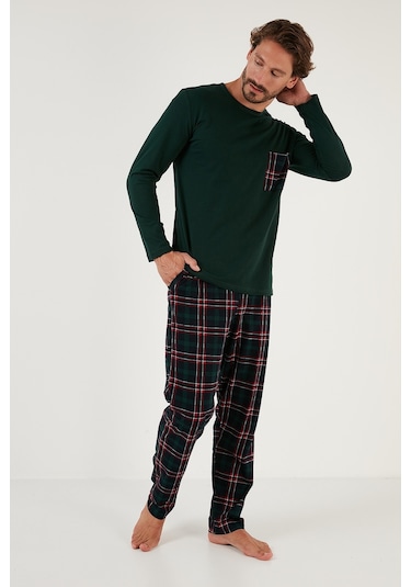 Buratti Ekoseli Cepli Beli Lastikli % 100 Pamuk Regular Fit Erkek Pijama Takımı 6572001 Yeşil