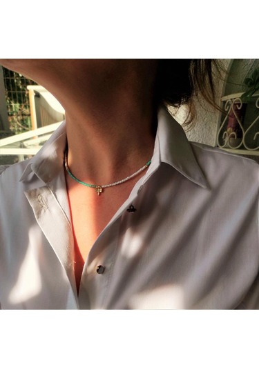 GOLD KAPLAMA YUSUFÇUK FİGÜR DETAY MAVİ BEYAZ BONCUK KOLYE-KOL114 Mavi