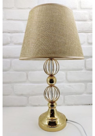 Gold Altın Renk Tel Toplu Metal Ayaklı Kahverengi Şapkalı Abajur Altın - Kahverengi