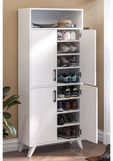 Bofigo 4 Kapaklı Ayakkabılık 9 Bölmeli Ayakkabılık Çok Amaçlı Dolap Beste Beyaz