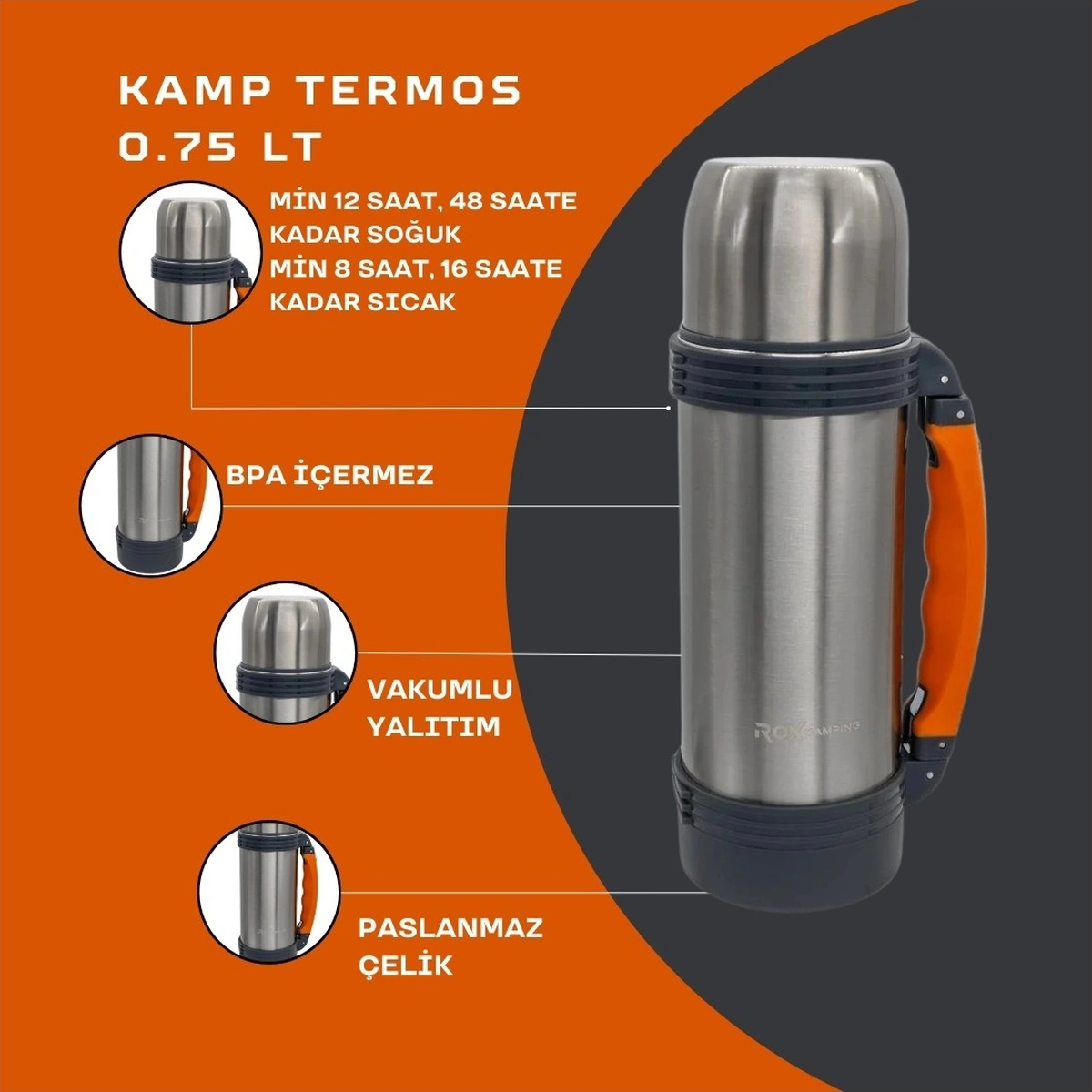 Rox Campıng 0.75 Lt Kamp Termos Çelik