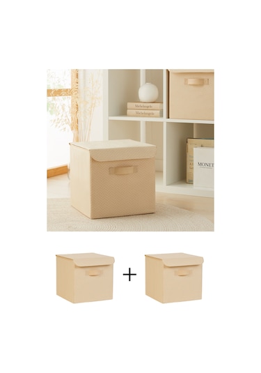 Ocean Home Textile 2'li Bej Balıksırtı Kapaklı Kutu Set 30 x 30 x 30 cm