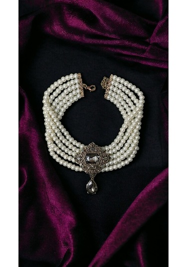 Baget Ve Su Damlası İnci Choker Tasma Kolye Vizon