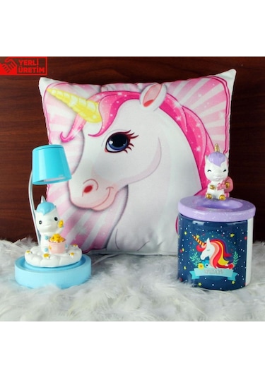 Unicorn Işıklı Biblo Masa Gece Lambası Puf Yastık Unicorn Kalemliklik Hediye Seti