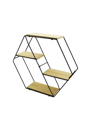 Petek - 4 Katlı Metal İskeletli - Ahşap Raflı Dekoratif Raf 60 Çok Renkli
