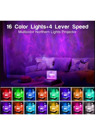 16 Renkli Kuzey Işıkları Küp Projektörlü Led Işık Yansıtmalı Çocuk Bebek Odası Gece Lambası Şeffaf