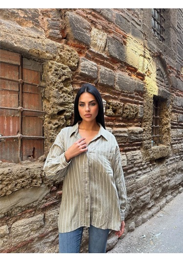 Haki Çizgili Oversize Keten Gömlek Haki