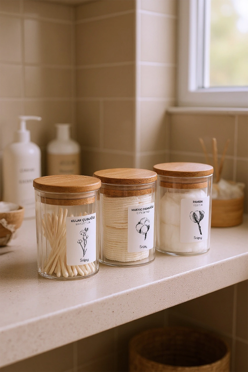 Bathy - 3'lü Ahşap Vakum Kapaklı Banyo Düzenleyici Plastik Banyo Seti Pamuk Düzenleyici Ahşap