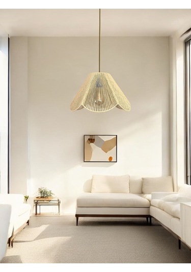 Hasır El Yapımı Bohem Çiçek Şekilli Rustik Avize - Bej Bej