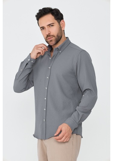 White Stone Gri Mikro Desenli Dynamic Fit Uzun Kollu Gömlek