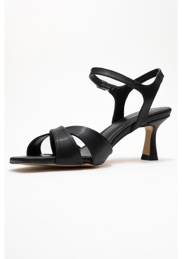 Melin Siyah Cilt Çapraz Bantlı Kadın Topuklu Ayakkabı Siyah