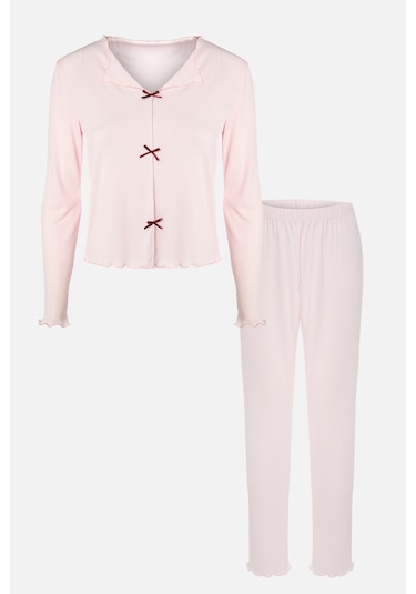 Kadın Pamuklu Çıtır Çiçek Desenli Baby Overloklu Fiyonk Detaylı Uzun Kollu Pijama Takımı Çok Renkli