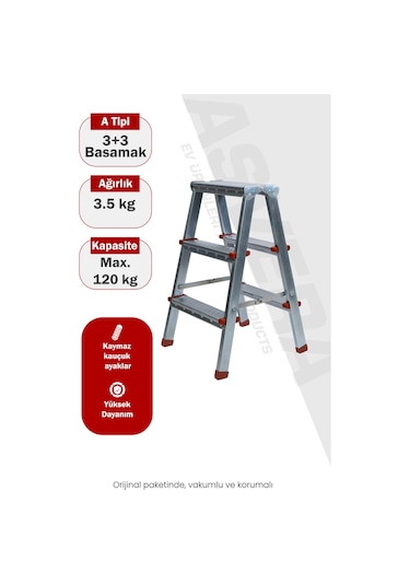 Asvera 3+3 Çift Çıkışlı A Tipi Katlanabilir Profil Merdiven - Çift Taraflı Galvanizli Merdiven