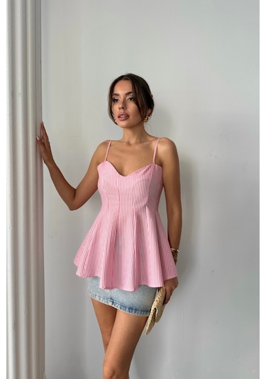 Ahes Shopping Çizgili Gofre Askılı Pens Detaylı Bluz - Pembe Pembe