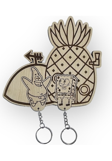 Süngerbob Ve Ananas Ev Ahşap Anahtarlık Çok Renkli