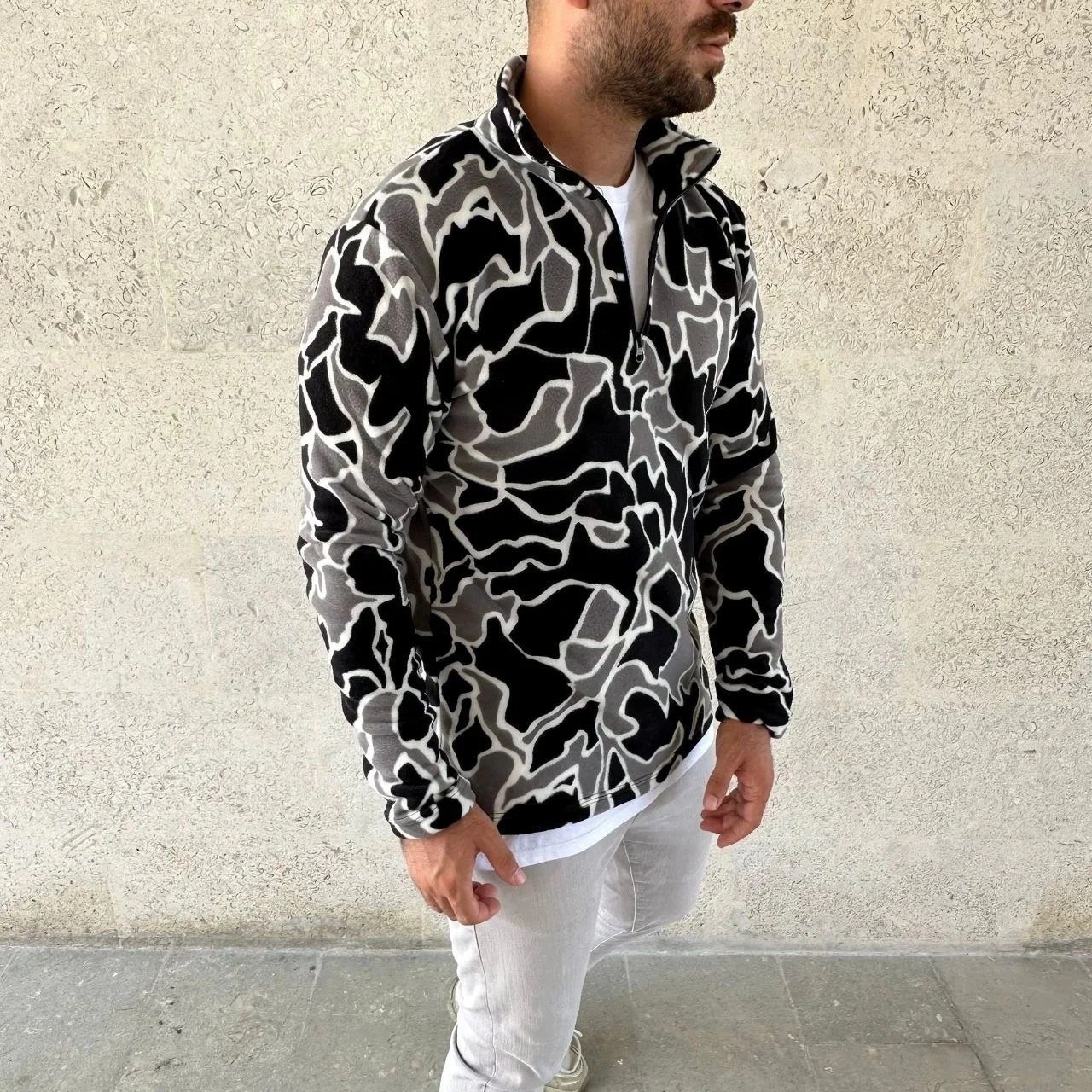 Erkek Yarım Fermuarlı Desenli Polar Sweat Yakalı, Uzun Kollu, Oversize Rahat Kalıp - Siyah Siyah