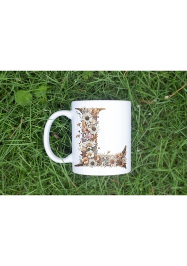 L Harfi Çiçek Desenli Kupa Bardak - Alfabe Harfleri İle Doğal Çiçekli Kupa - Hediye Fikir Beyaz