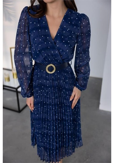 Neşeli Butik Kadın Kemerli Puantiye Desenli Şifon Elbise Nbmy3286 Mavi