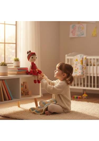 Kırmızı Elbiseli El İşi Amigurumi Oyuncak Kız Bebek Kırmızı