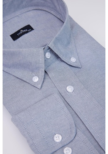 Tudors Büyük Beden Oxford Doku Yaka Düğmeli Cepli Nakışlı Gri Erkek Gömlek-30426-gri