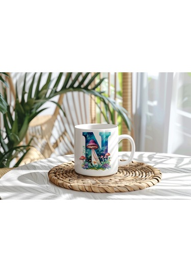 N Baş Harfi Fantastik Mantarlı Kupa Bardak - Kişiye Özel Masalsı Bardak - Hediye Beyaz