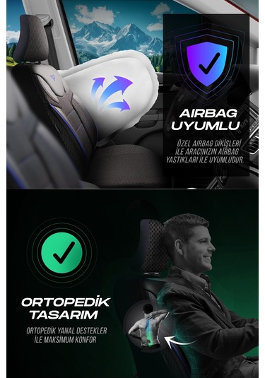 Siyah - Mavi Panda Dragon Serisi Dokuma Kumaş Oto Koltuk Kılıfı - Tam Set