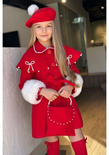 Riccotarz Kız Çocuk Boydan Yakası İnci Taş İşlemeli Şal Detaylı Kemerli Kırmızı Kaşe Kırmızı