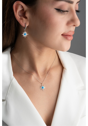 Çekirdekjewelry 925 Ayar Gümüş Opal Taşlı Kolye Küpe Seti Gri