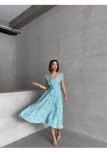 Kadın Çiçek Desenli Fırfır Detaylı Yazlık Dokuma Elbise Turkuaz