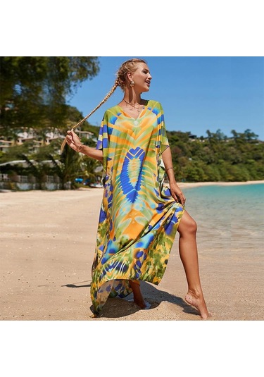 Edolynsa Kadınlar Zarif Kaftan Elbiseler Uzun Artı Boyutu Mayo Cover Up Resort Giyim Plaj Mayo Coverups Gevşek Loungewearq1464 Çok Renkli