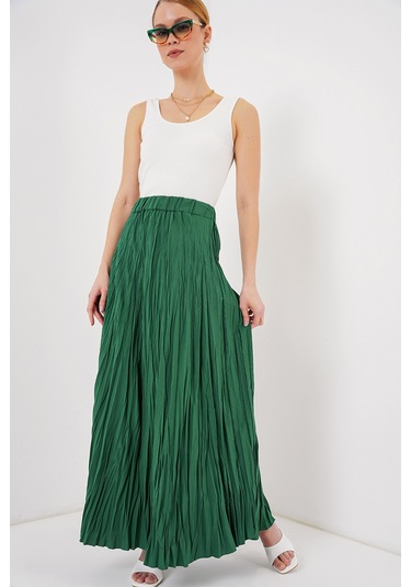 Kadın Uzun Kırışık Etek 8042 - Zümrüt Yeşili Zümrüt Yeşili