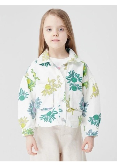 Kız Çocuk Çiçek Desenli Ceket-14029 Yeşil