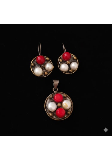 Mercan Ve İncili Gümüş Set Bronz