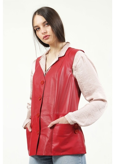 Dericlub Yb-2017 Gerçek Deri Kadın Yelek Kırmızı