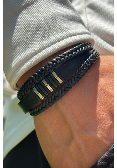 Siyah Çizgili Örgülü El İşçiliği İle Üretilmiş Hakiki Deri Erkek Bileklik Siyah - Gümüş