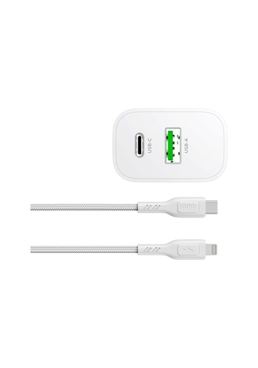 Bolt Duo 20W Usb-A Ve Type-C Çift Portlu Hızlı Şarj Aleti Lightning Kablo Ve Adaptör Seti Beyaz