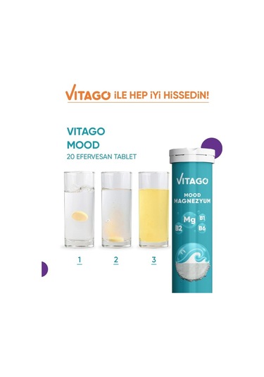 ﻿Vitago Mood Magnezyum Vitamin B1 Vitamin B2 ve Vitamin B6 İçeren Takviye Edici Gıda﻿﻿ 20 Efervesan Tablet