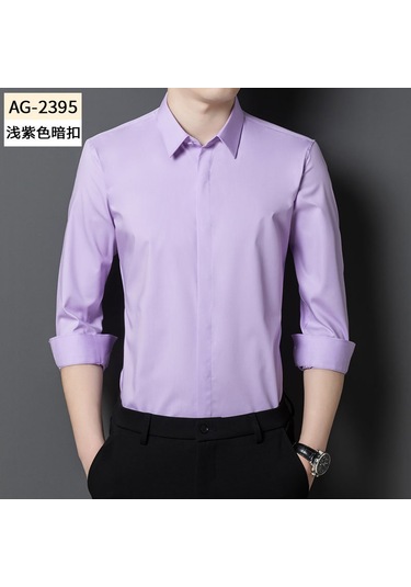 Erkekler İçin Gizli Düğmeli, Uzun Kollu, Tek Renkli, Esnek İş Kıyafeti Gömlek Açık Mor