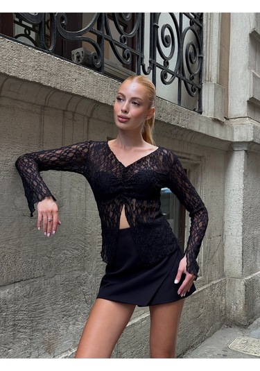 Kadın V Yaka Full Esnek Dantel Bürümcük Spor Şık Tasarım Asimetrik Kesim Gece Bluzu Siyah