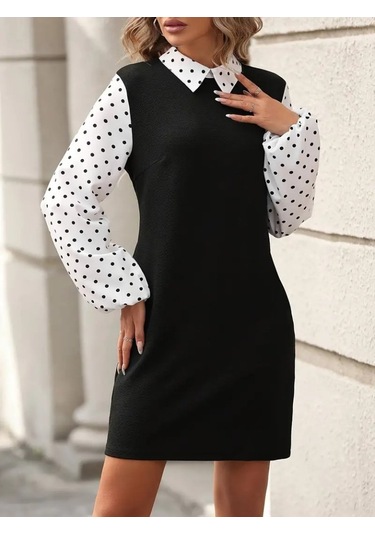 Kadın Yakalı Kol Ve Yaka Puantiyeli Uzun Kollu Krep Elbise Siyah