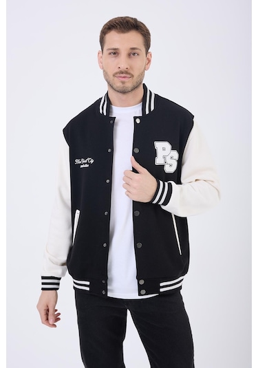 Erkek 3 İplik Pamuklu İçi Polarlı Regular Fit Nakışlı Siyah Kolej Ceket Siyah