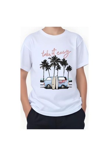 Summer Van Baskılı Erkek Çocuk Yuvarlak Yaka Kısa Kollu T-shirt Beyaz