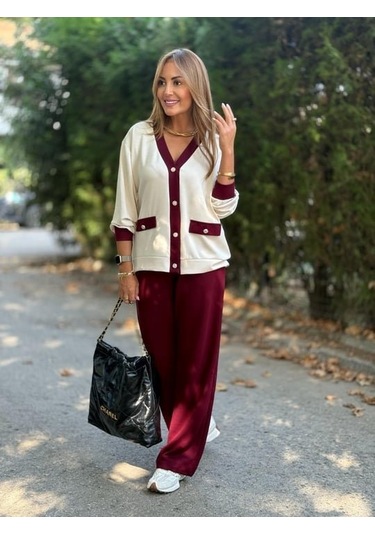 Kadın Uzun Kollu Ribanali Cep Detay Hırka Ve Bol Paça Pantolon Ikili Takım Bordo