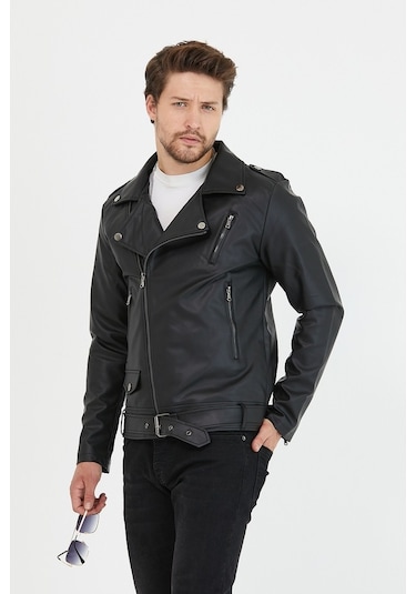 Erkek Siyah Yeni Sezon Çapraz Fermuarlı Kemerli Deri Ceket Mont-Siyah